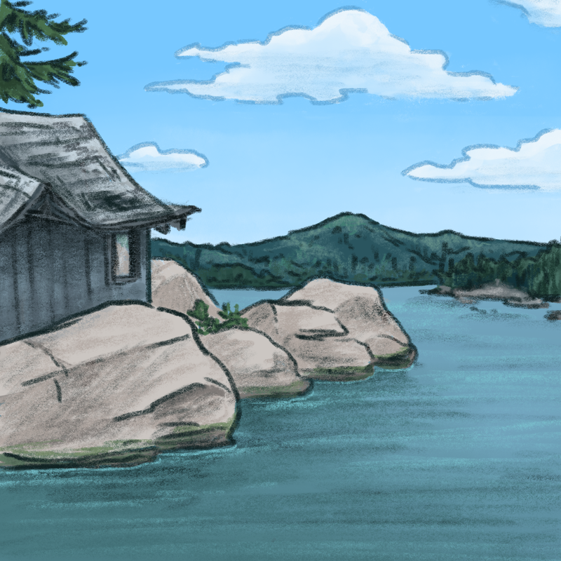 Digital art of a small blue cabin on the rocky shore of a lake.