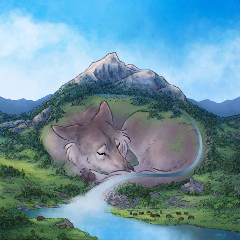 Color illustration of a giant sleeping wolf, with a mountainous landscape growing on and around it.