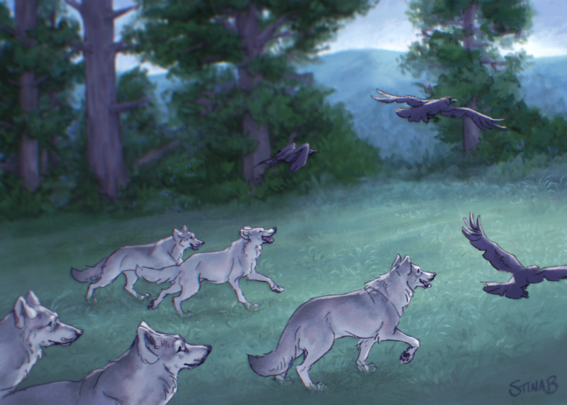 Digital illustration of five wolves running behind three flying crows. There are trees and mountains in the background, and the image has the cool blue colors of early dawn or dusk.